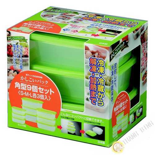 Box food plastic rectangle microwave and refrigerator, lot of 9pcs green INOMATA Japan