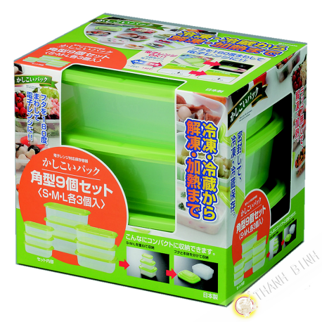 Boite plastique alimentaire rectangle pour micro onde et frigo, lot de 9pcs vert INOMATA Japon