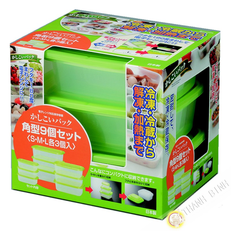 Boite plastique alimentaire rectangle pour micro onde et frigo, lot de 9pcs vert INOMATA Japon