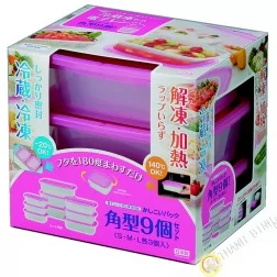 Boite plastique alimentaire rectangle pour micro onde et frigo, lot de 9pcs rose INOMATA Japon