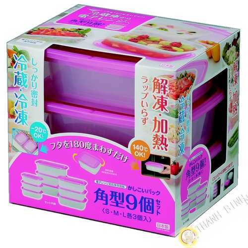 Box food plastic rectangle microwave and refrigerator, lot of 9pcs rose INOMATA Japan