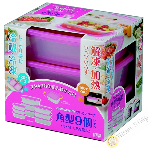 Hộp thực phẩm hình chữ nhật cho lò vi sóng và tủ lạnh, lô 9 cái màu hồng INOMATA Bản