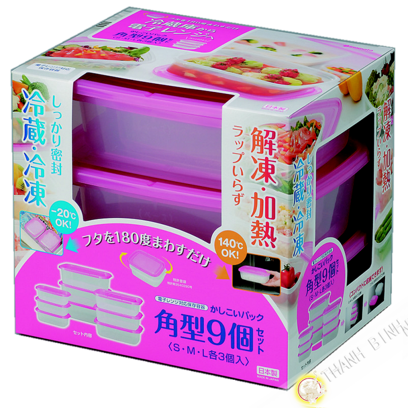 Boite plastique alimentaire rectangle pour micro onde et frigo, lot de 9pcs rose INOMATA Japon