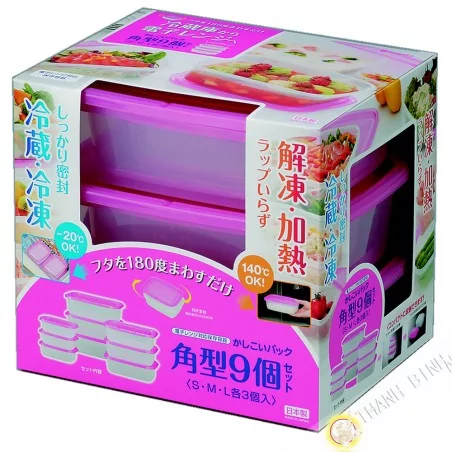Boite plastique alimentaire rectangle pour micro onde et frigo, lot de 9pcs rose INOMATA Japon