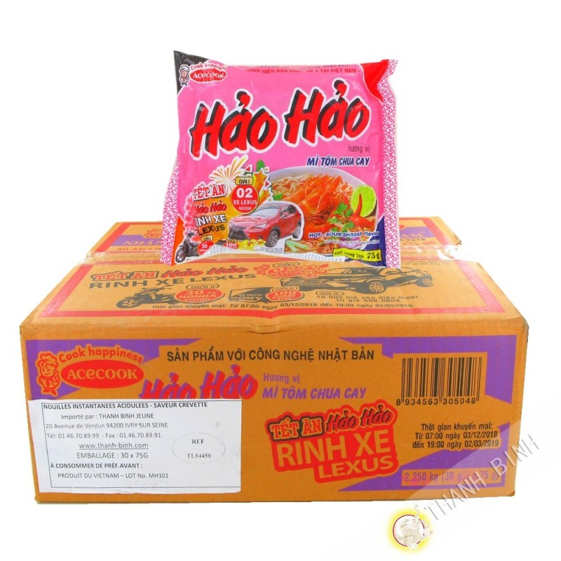 Sopa de fideos instantáneos HAO HAO camarón agria especias ACECOOK de cartón 30x75g Vietnam