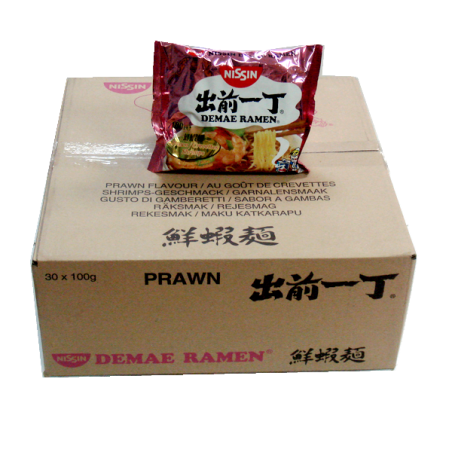 Soupe nouille Ramen Demae crevette NISSIN carton 30x100g Hongrie